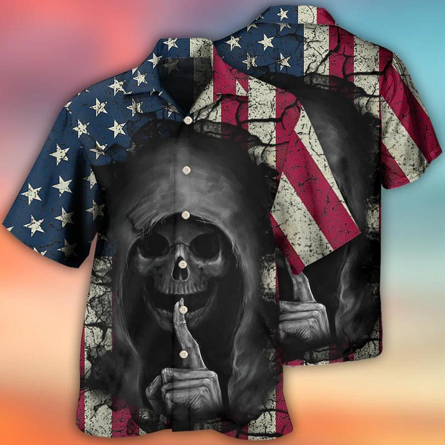 Skull Aloha Hawaiian Shirt For Summer - Skull Dark American Flag Vintage Hawaiian Shirt - Perfect Gift For Men, Women, Skull Lover