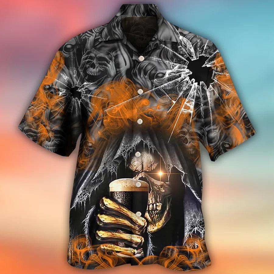 Skull Aloha Hawaiian Shirt For Summer - Skull Dark Drinking Orange Smoke Lighting Hawaiian Shirt - Hello Darkness My Old Friend Hawaiian Shirt - Perfect Gift For Men, Women, Skull Lover - Image 2