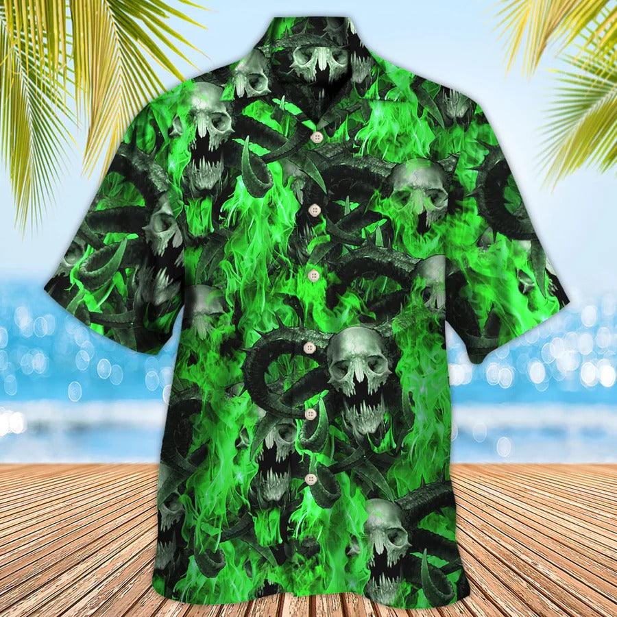 Skull Aloha Hawaiian Shirt For Summer - Skull Green Flame Burn Hawaiian Shirt - Perfect Gift For Men, Women, Skull Lover - Image 2
