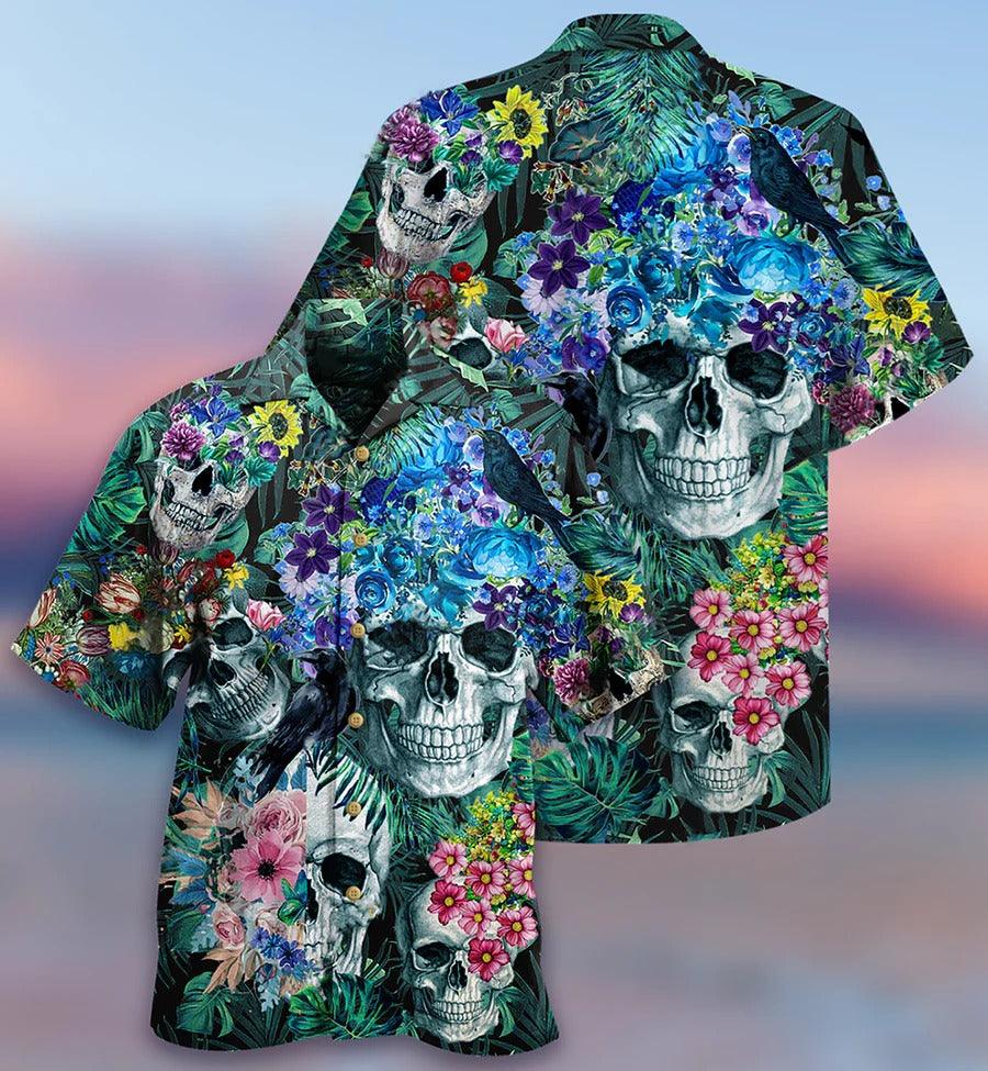 Skull Aloha Hawaiian Shirt For Summer - Skull Love Flowers Smile Happy Hawaiian Shirt - Tropical Flowers Hawaiian Shirt - Perfect Gift For Men, Women, Skull Lover