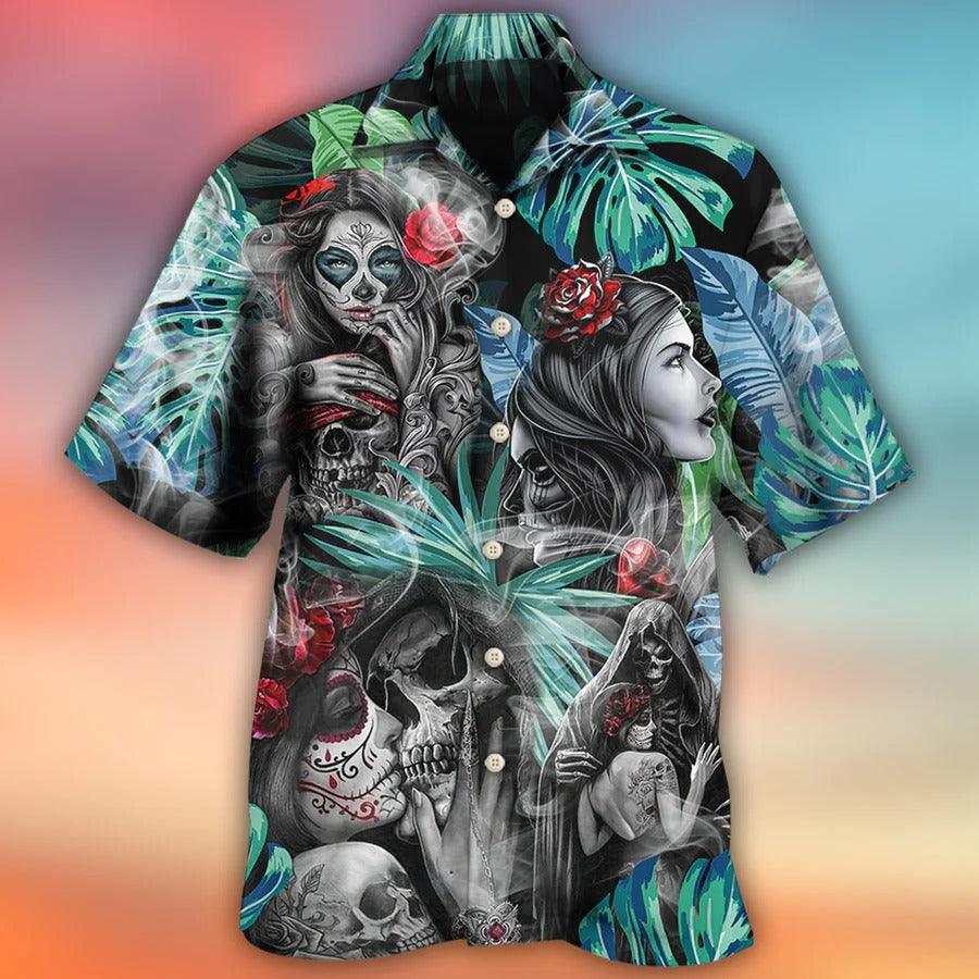 Skull Aloha Hawaiian Shirt For Summer - Skull Tropical White Smoke Red Flower Hawaiian Shirt - Perfect Gift For Men, Women, Skull Lover