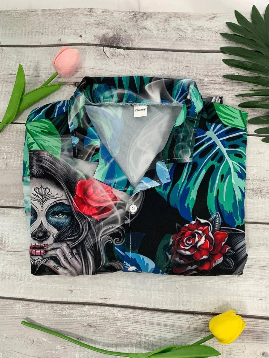 Skull Aloha Hawaiian Shirt For Summer - Skull Tropical White Smoke Red Flower Hawaiian Shirt - Perfect Gift For Men, Women, Skull Lover - Image 2
