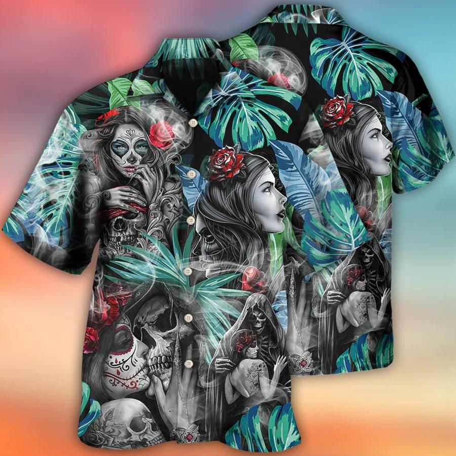 Skull Aloha Hawaiian Shirt For Summer - Skull Tropical White Smoke Red Flower Hawaiian Shirt - Perfect Gift For Men, Women, Skull Lover - Image 3