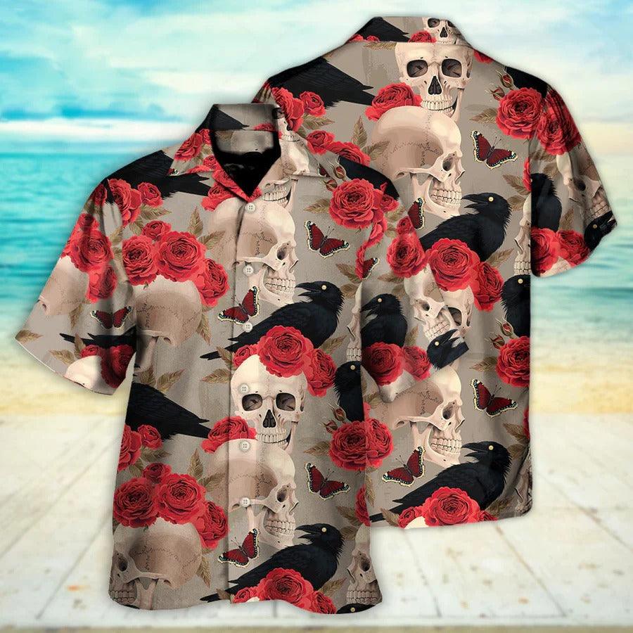 Skull Aloha Hawaiian Shirt For Summer - Skull With Rose Flower And Raven Gothic Style Hawaiian Shirt - Perfect Gift For Men, Women, Skull Lover
