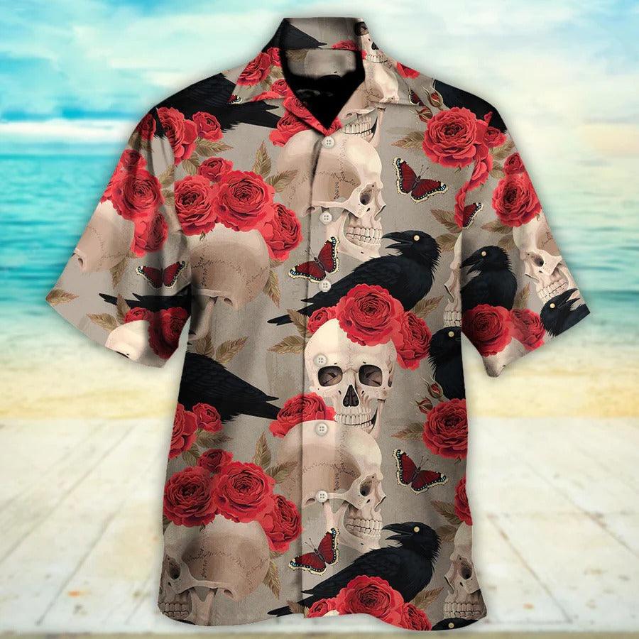 Skull Aloha Hawaiian Shirt For Summer - Skull With Rose Flower And Raven Gothic Style Hawaiian Shirt - Perfect Gift For Men, Women, Skull Lover - Image 2