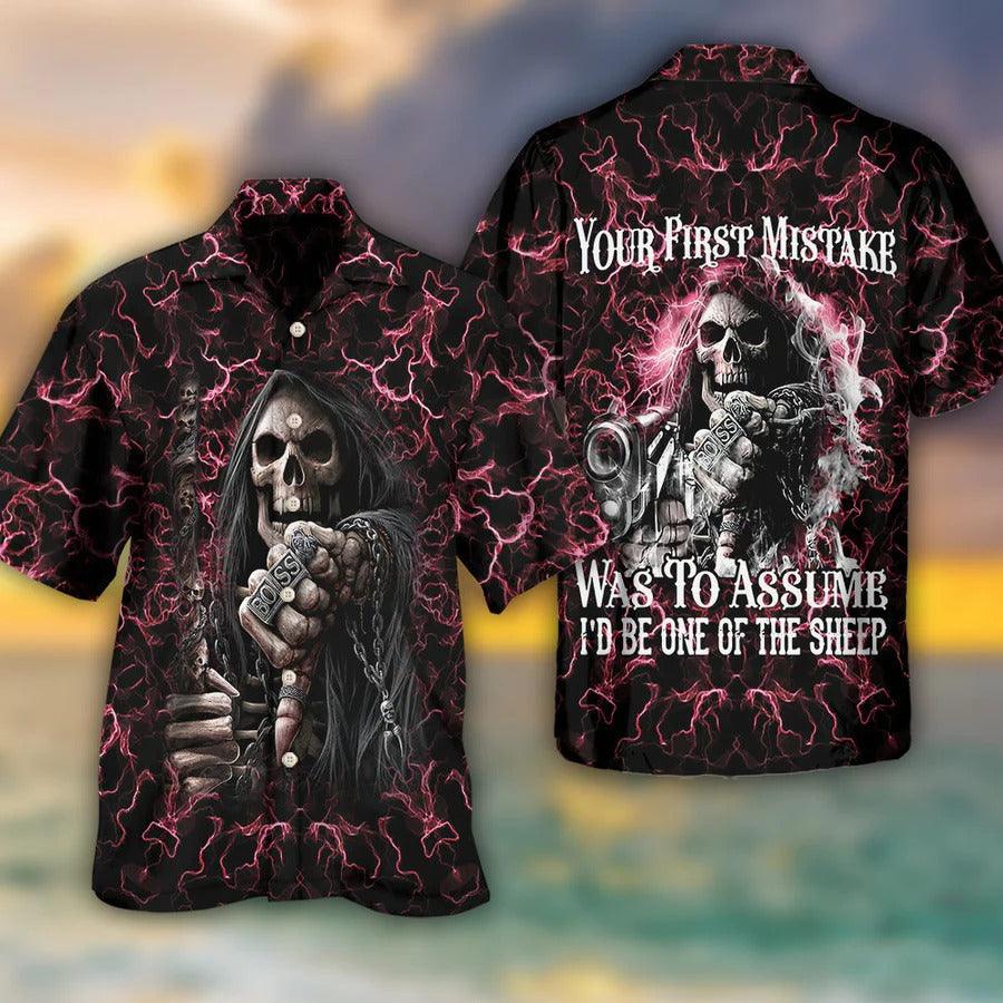 Skull Aloha Hawaiian Shirt For Summer - Your First Mistake Was To Assume I'd Be One Of The Sheep Hawaiian Shirt - Gangster Skull Hawaiian Shirt - Perfect Gift For Men, Women, Skull Lover