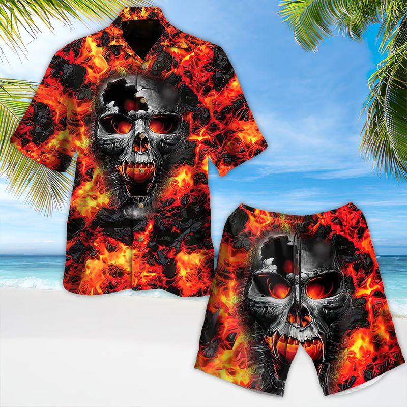 Skull Aloha Hawaiian Shirts For Summer, Skull On Lava Background Hawaiian Set For Men Women, Gift For Horror Style Lovers, Friend, Family, Team