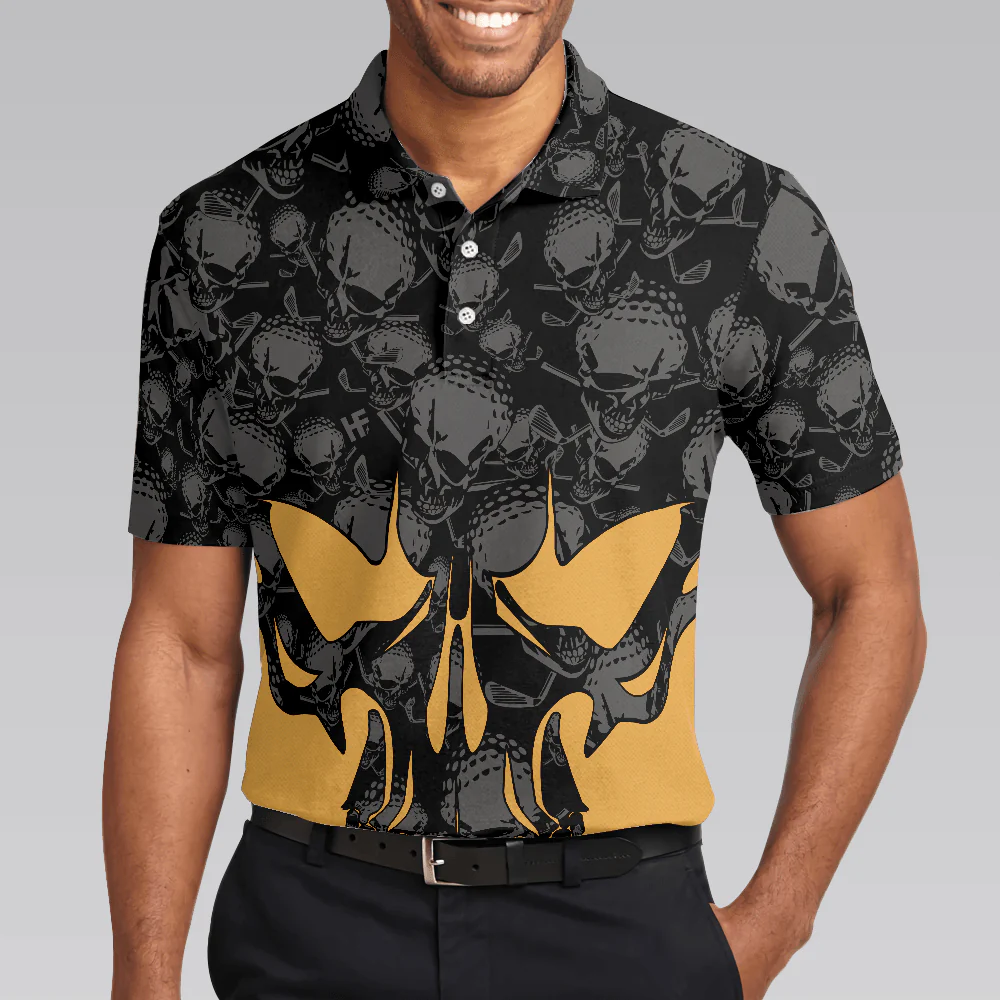 Skull Golf Polo Shirt, Black And Yellow Skull Golfing Shirt Design, Best Polo Shirt For Hot Weather - Perfect Gift For Men, Golfers - Image 5