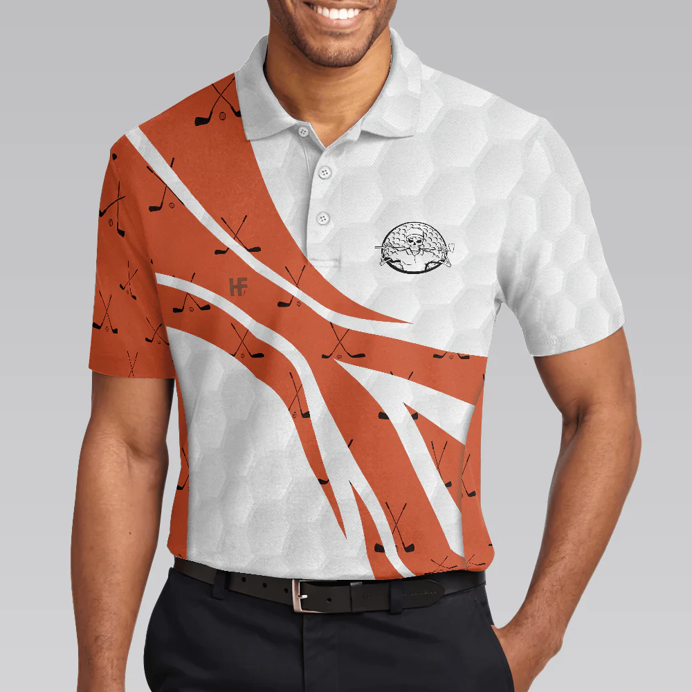 Skull Golfer Seamless Pattern Golf Polo Shirt, White And Orange Golf Shirt For Men, Cool Gift For Golfers - Perfect Gift For Men - Image 5