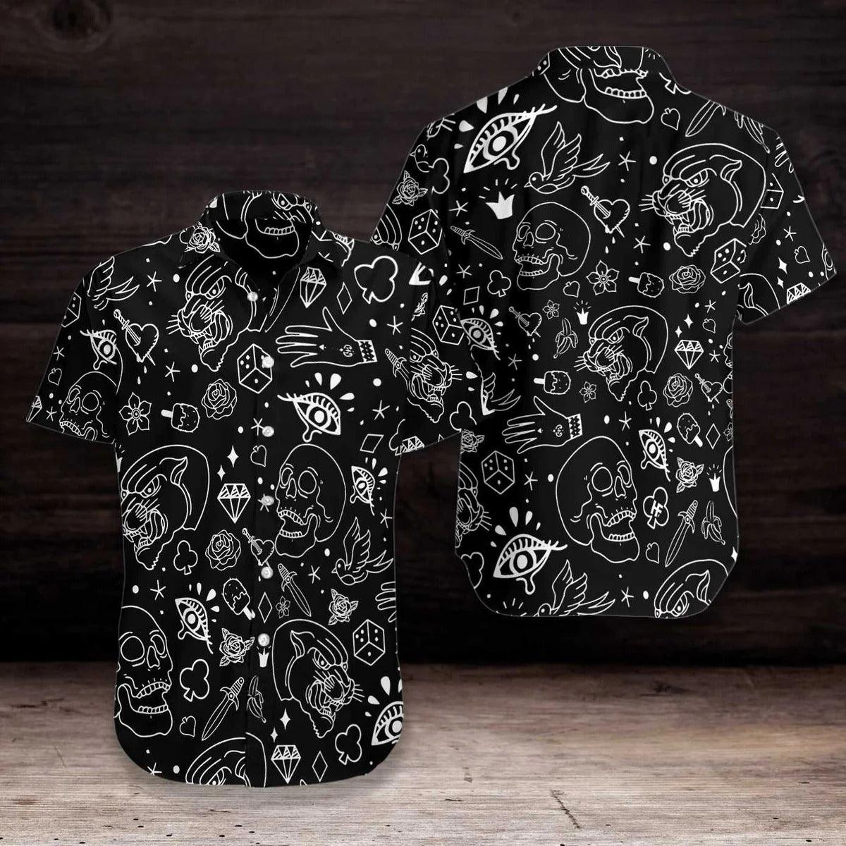 Skull Hawaiian Shirt, American Traditional Flash Tattoo Skull Hawaiian Shirt, Tattoo Aloha Shirt - Perfect Gift For Men, Women, Friend, Family - Image 4