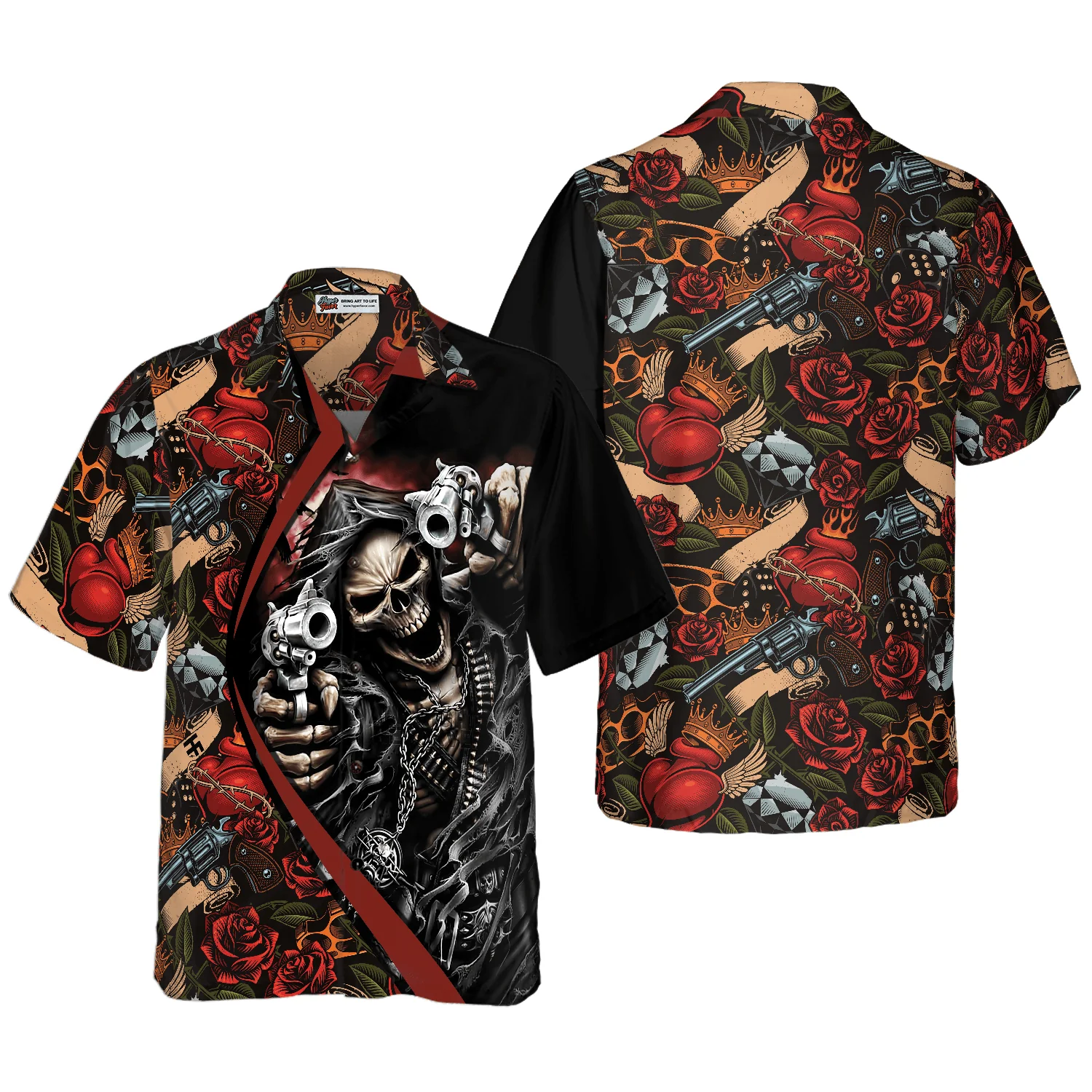 Skull Hawaiian Shirt, Cool Gun Skull Aloha Hawaiian Shirt, Colorful Summer Aloha Shirt For Men Women, Gift For Friend, Family, Husband, Wife