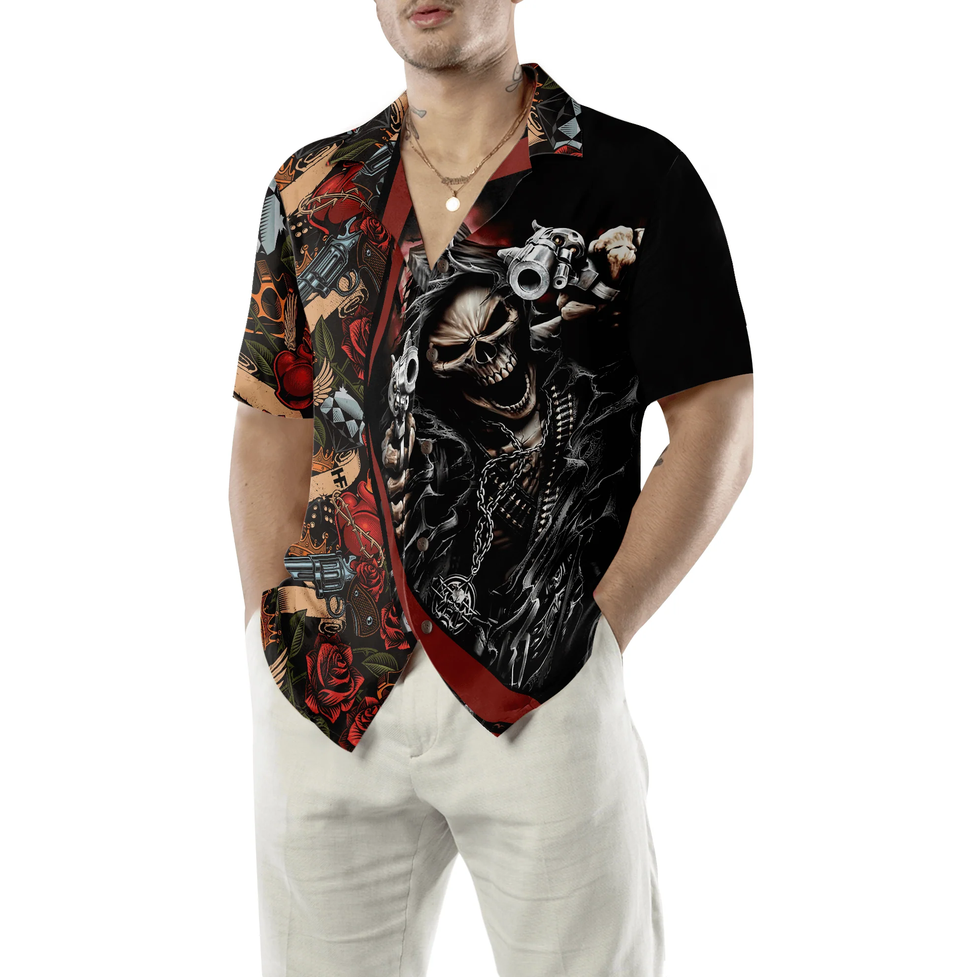 Skull Hawaiian Shirt, Cool Gun Skull Aloha Hawaiian Shirt, Colorful Summer Aloha Shirt For Men Women, Gift For Friend, Family, Husband, Wife - Image 5