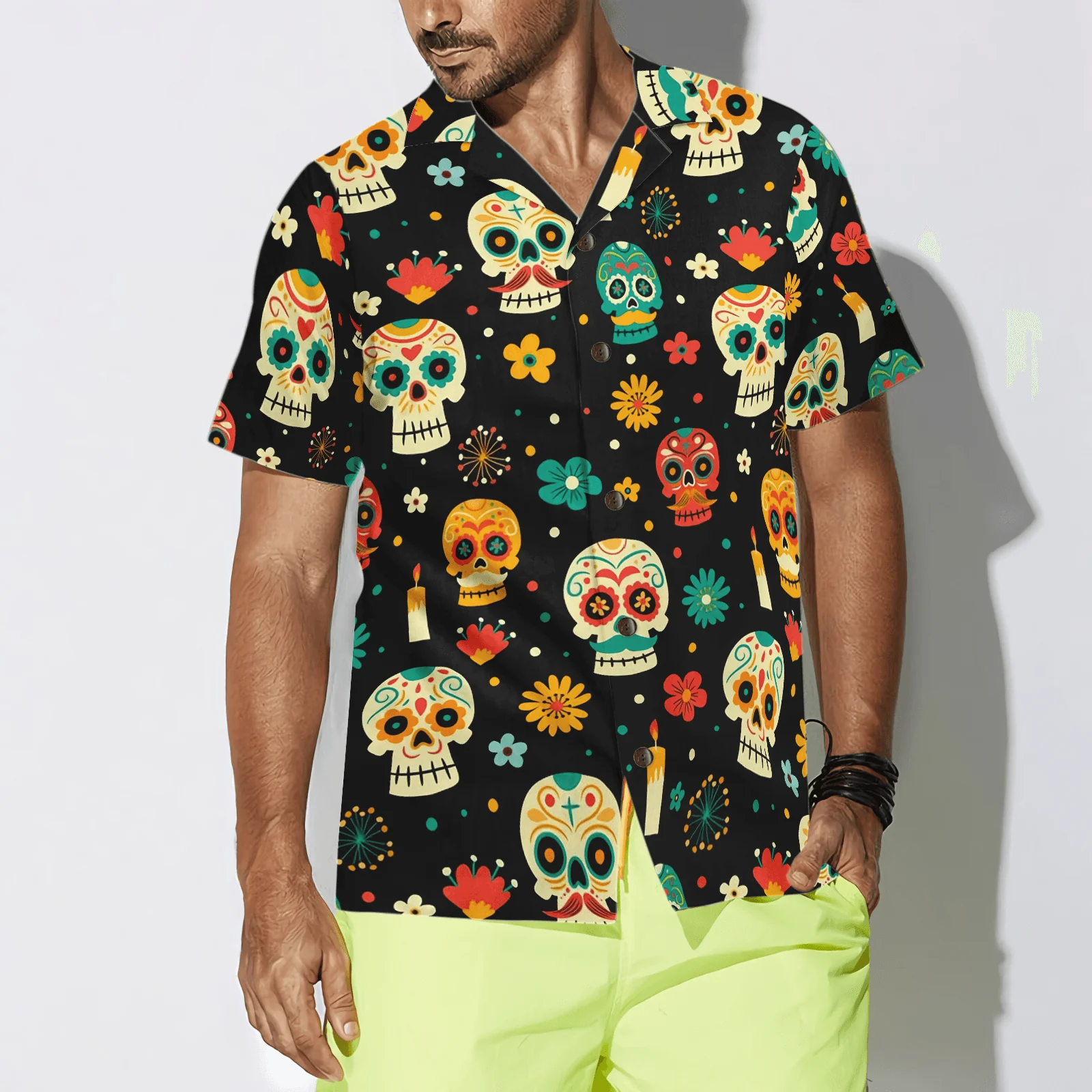 Skull Hawaiian Shirt, Skull Day Of The Dead Pattern Flower Hawaiian Shirt, Colorful Summer Aloha Shirt For Men Women, Gift For Friend, Family - Image 3