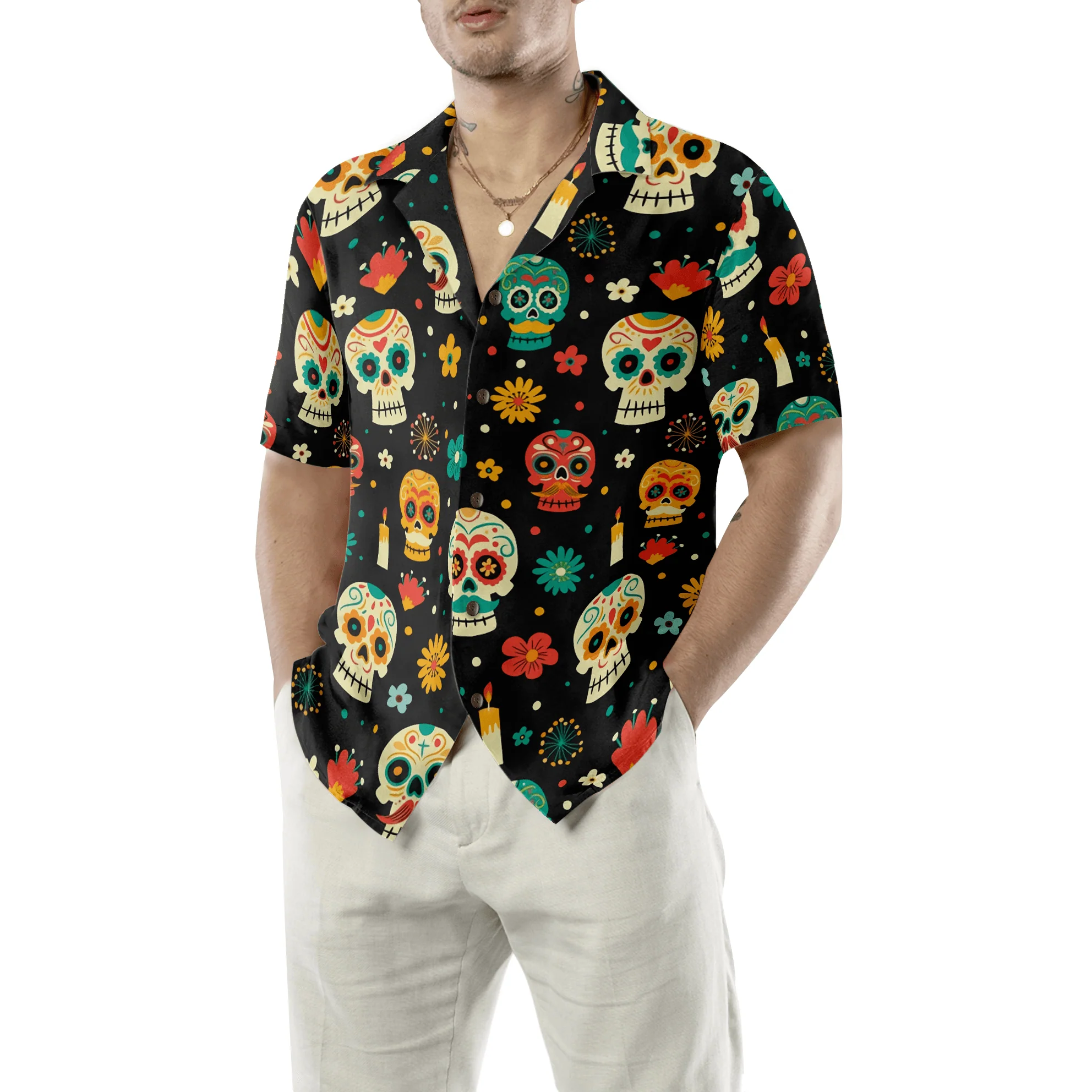 Skull Hawaiian Shirt, Skull Day Of The Dead Pattern Flower Hawaiian Shirt, Colorful Summer Aloha Shirt For Men Women, Gift For Friend, Family - Image 5