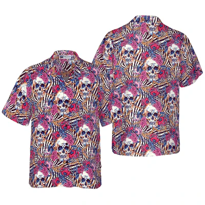 Skull Hawaiian Shirt, Skull With Roses On Zebra Background Hawaiian Shirt - Perfect Gift For Zebra Lovers, Husband, Boyfriend, Friend, Family - Image 4