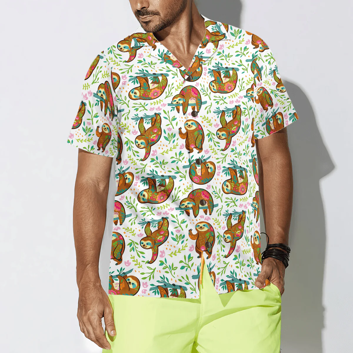 Sloth Hawaiian Shirt, Tropical Flowers, Sloth Aloha Shirt For Men - Perfect Gift For Husband, Boyfriend, Friend, Family - Image 4