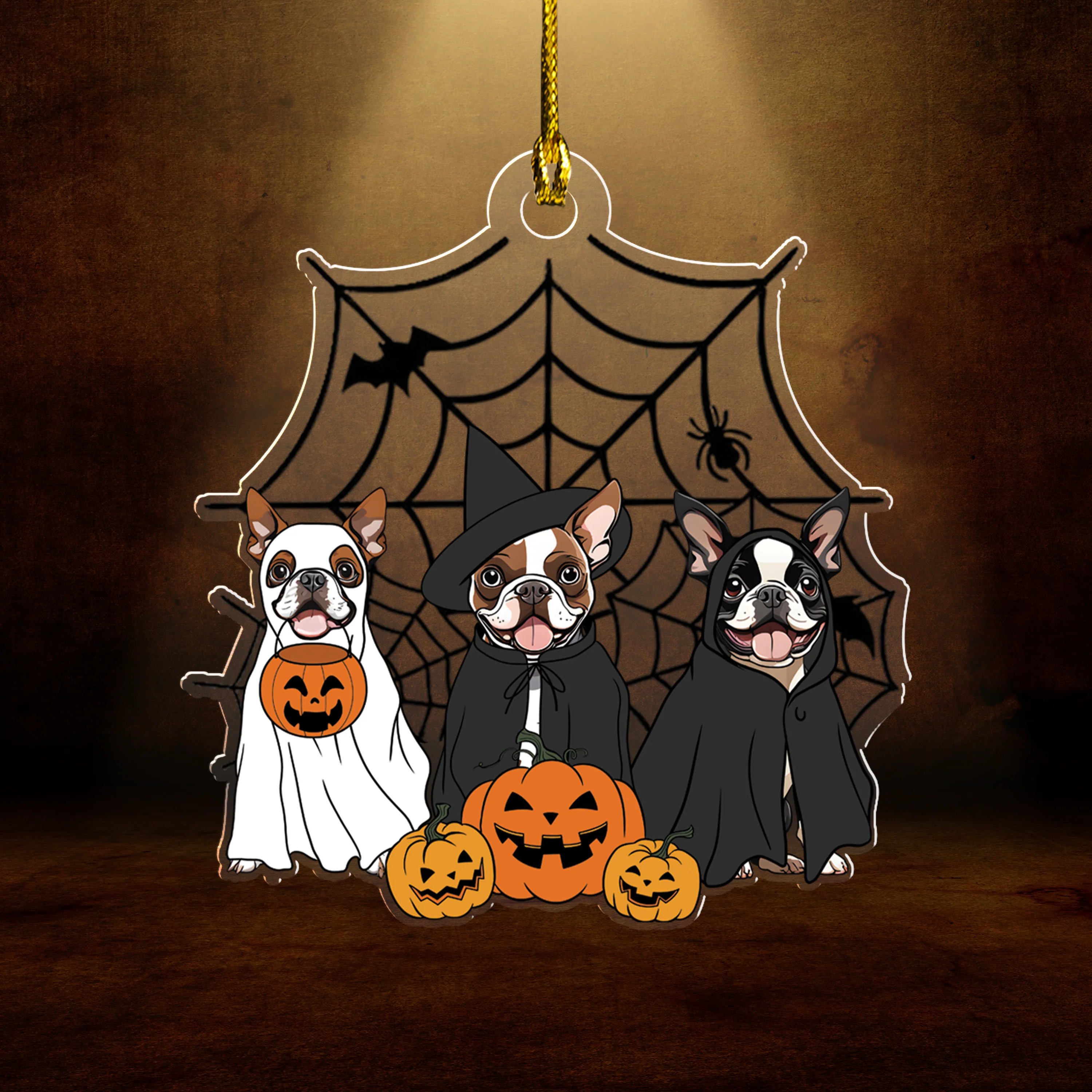 Spooky Ghost And Witch Boston Terrier Acrylic Halloween Ornament, Spooky Decoration For Bostie Mom, Dog Dad - Image 2