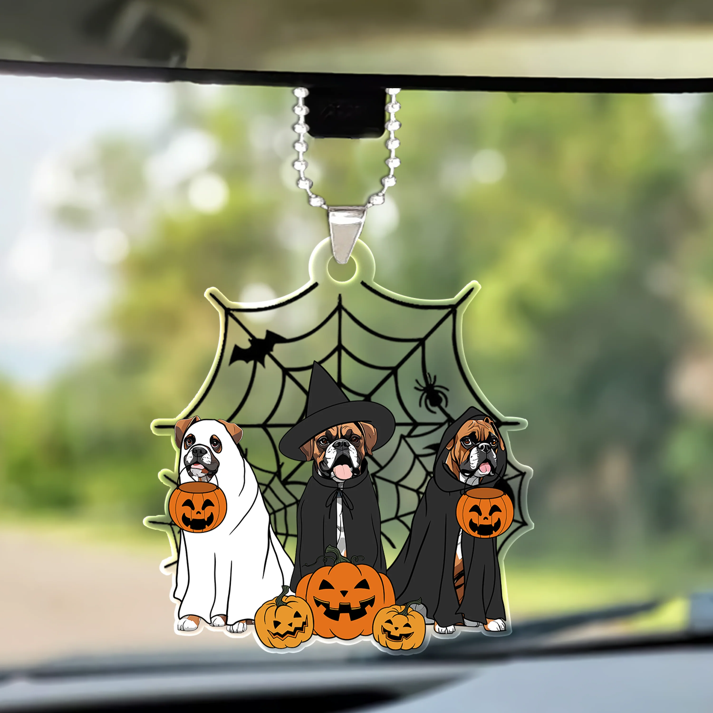 Spooky Ghost And Witch Boxer Dog Acrylic Halloween Car Ornament, Spooky Decoration For Boxer Mom, Dog Dad - Image 2