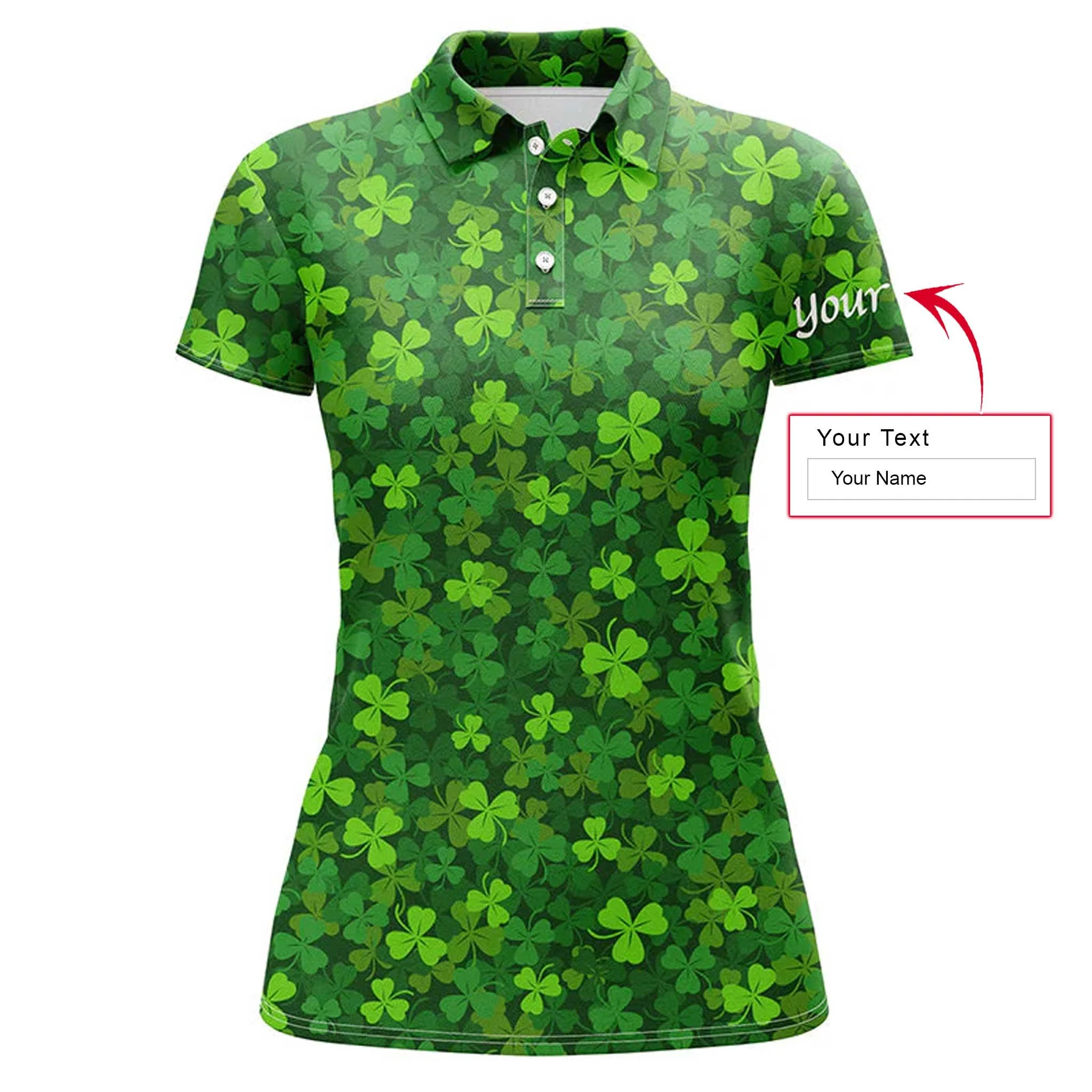 St Patrick Custom Name Women Polo Shirt, Green Clover Pattern Personalized Women Polo Shirts, Best Gift For St. Patrick's Day, Saint Patrick Day