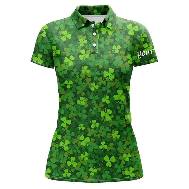 St Patrick Custom Name Women Polo Shirt, Green Clover Pattern Personalized Women Polo Shirts, Best Gift For St. Patrick's Day, Saint Patrick Day - Image 2