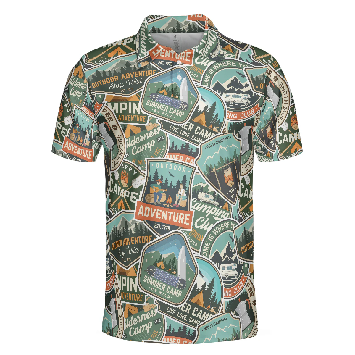 Summer Camp Adventure Sticker Pattern Polo Shirt, Camping Sticker And Badge Polo Shirt, Camping Shirt For Men - Perfect Gift For Men - Image 3