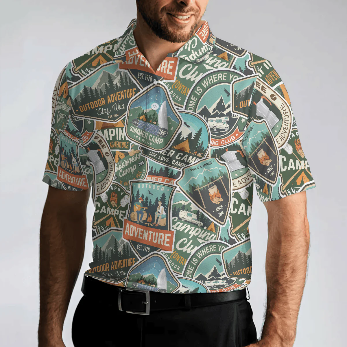 Summer Camp Adventure Sticker Pattern Polo Shirt, Camping Sticker And Badge Polo Shirt, Camping Shirt For Men - Perfect Gift For Men - Image 4
