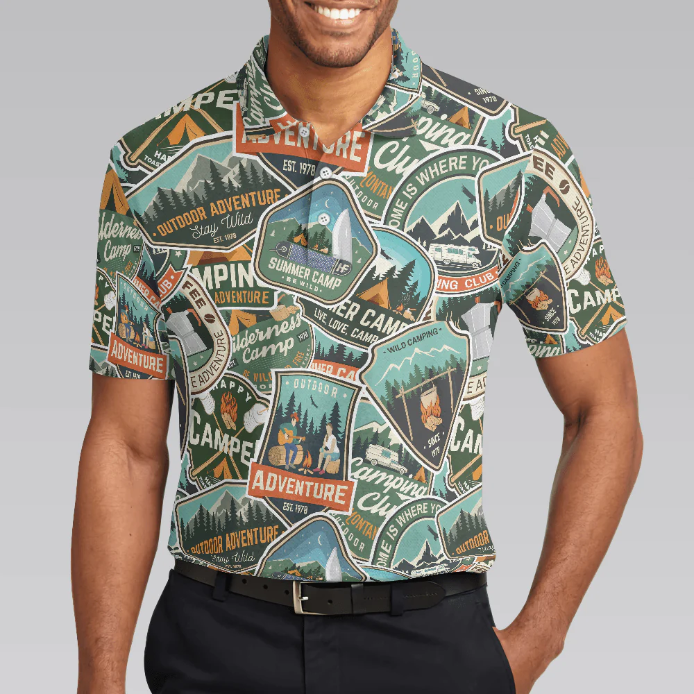 Summer Camp Adventure Sticker Pattern Polo Shirt, Camping Sticker And Badge Polo Shirt, Camping Shirt For Men - Perfect Gift For Men - Image 5