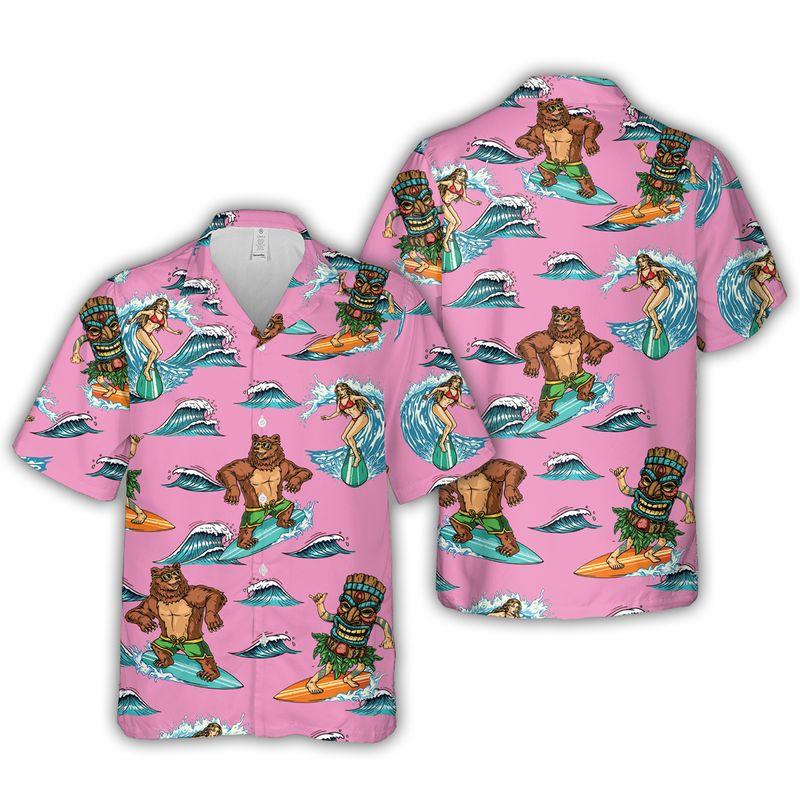 Surfing Bear Aloha Hawaiian Shirts For Summer - Pink Tiki Party Hawaiian Set Outfits For Men Women - Gift For Surfing Bear Lovers, Friend, Family - Image 4
