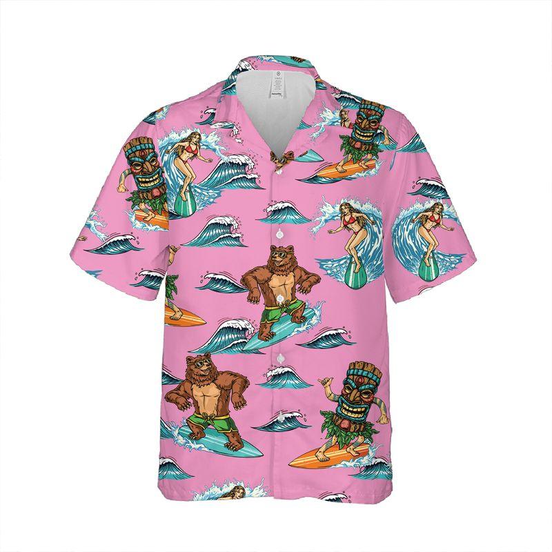 Surfing Bear Aloha Hawaiian Shirts For Summer - Pink Tiki Party Hawaiian Set Outfits For Men Women - Gift For Surfing Bear Lovers, Friend, Family - Image 5
