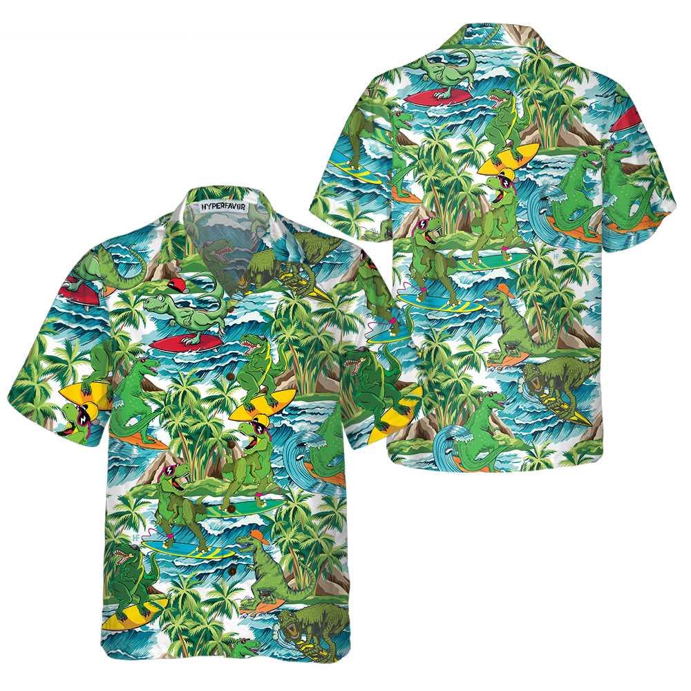 Surfing Dinosaur Aloha Hawaiian Shirt For Summer, Funny Dinosaur Shirt, Cool Printed Dino Hawaiian Shirt For Men Women Adults, Gift For Friend