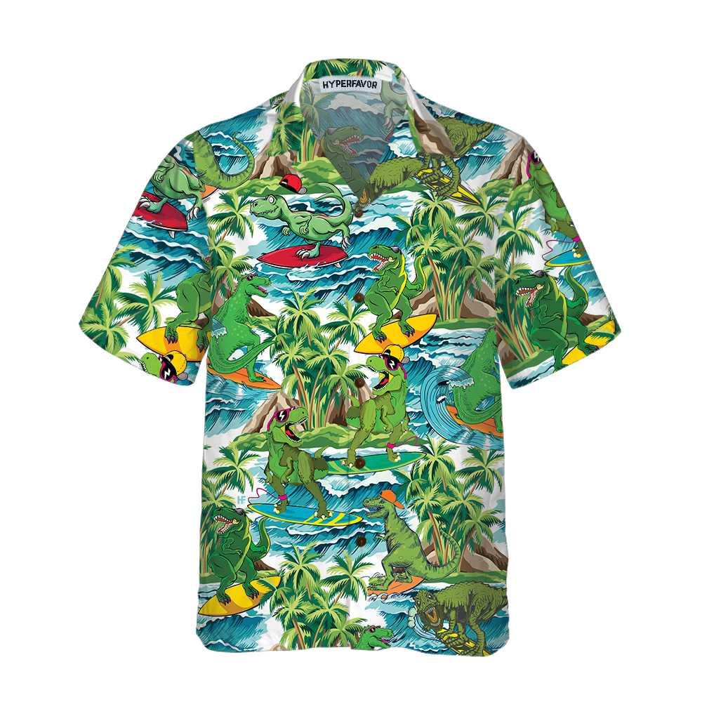 Surfing Dinosaur Aloha Hawaiian Shirt For Summer, Funny Dinosaur Shirt, Cool Printed Dino Hawaiian Shirt For Men Women Adults, Gift For Friend - Image 3