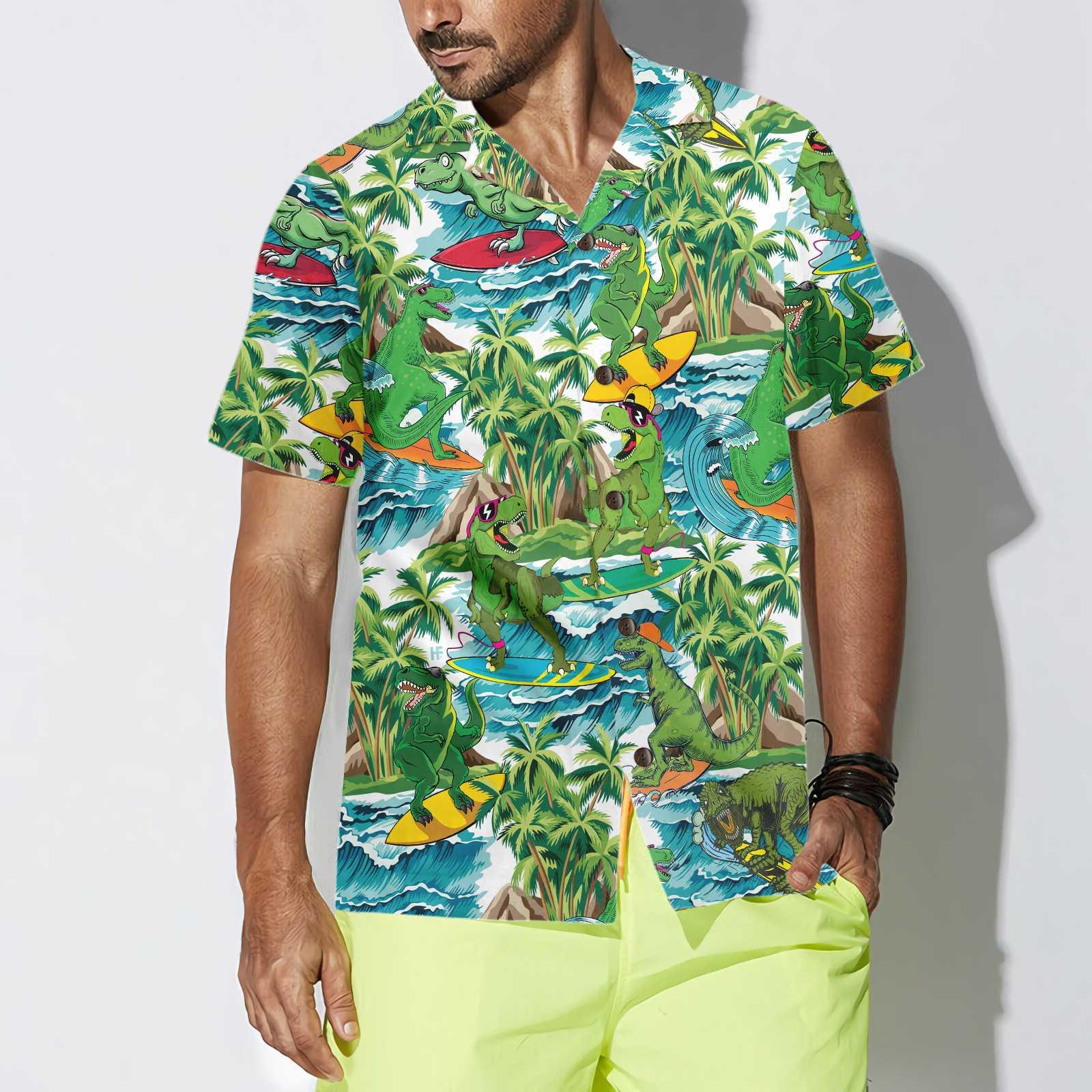 Surfing Dinosaur Aloha Hawaiian Shirt For Summer, Funny Dinosaur Shirt, Cool Printed Dino Hawaiian Shirt For Men Women Adults, Gift For Friend - Image 4