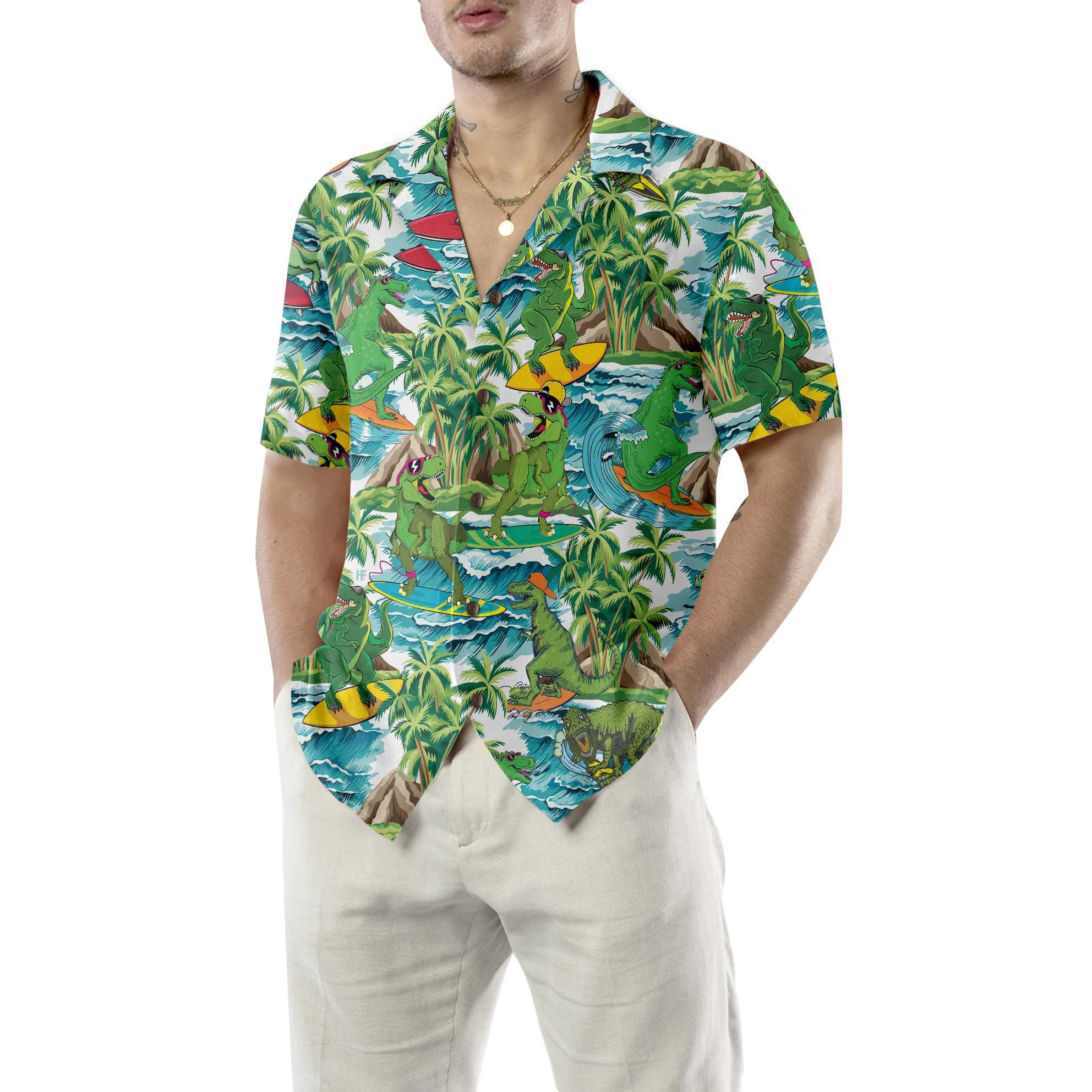 Surfing Dinosaur Aloha Hawaiian Shirt For Summer, Funny Dinosaur Shirt, Cool Printed Dino Hawaiian Shirt For Men Women Adults, Gift For Friend - Image 5
