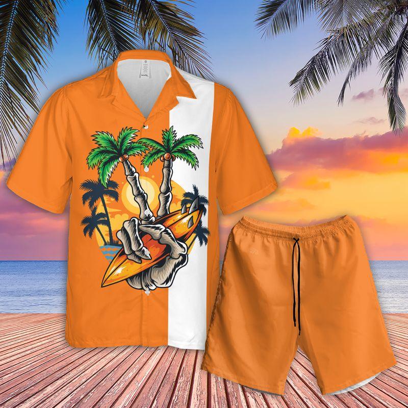 Surfing Skull Finger Aloha Hawaiian Shirts For Summer, Retro Orange Tropical Hawaiian Set Holiday Outfit For Men Women, Gift For Friend, Family, Team