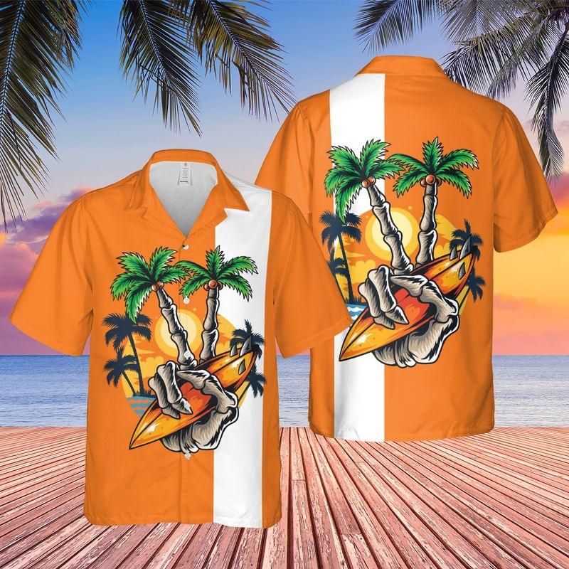 Surfing Skull Finger Aloha Hawaiian Shirts For Summer, Retro Orange Tropical Hawaiian Set Holiday Outfit For Men Women, Gift For Friend, Family, Team - Image 2
