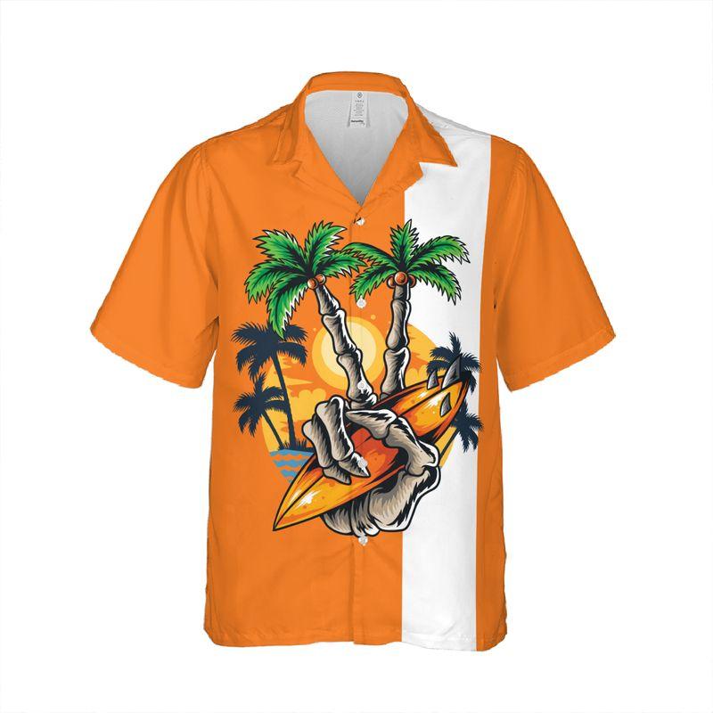 Surfing Skull Finger Aloha Hawaiian Shirts For Summer, Retro Orange Tropical Hawaiian Set Holiday Outfit For Men Women, Gift For Friend, Family, Team - Image 4