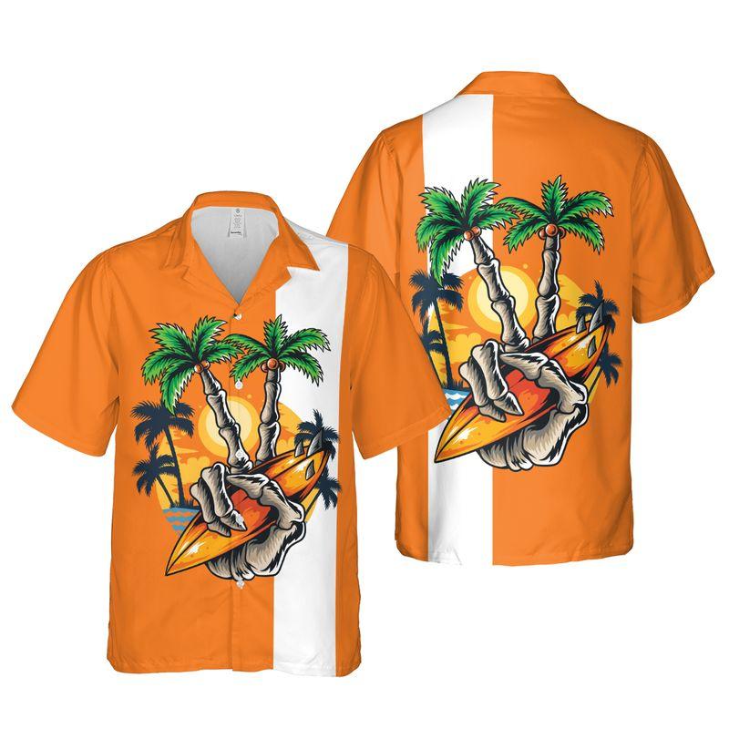 Surfing Skull Finger Aloha Hawaiian Shirts For Summer, Retro Orange Tropical Hawaiian Set Holiday Outfit For Men Women, Gift For Friend, Family, Team - Image 6