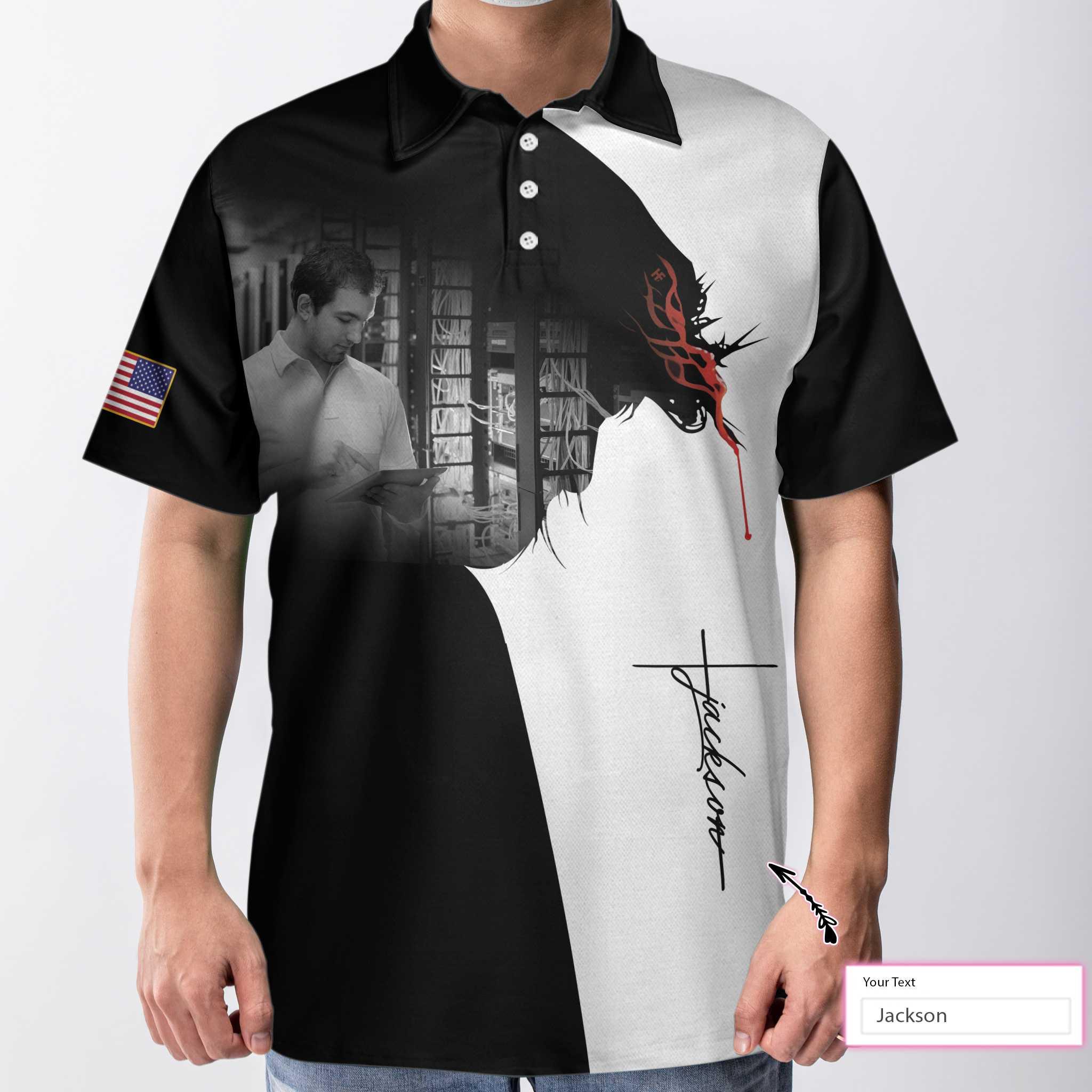 Technician I Can Do All Things Custom Polo Shirt, Personalized American Flag Technician Shirt - Perfect Gift For Men - Image 4