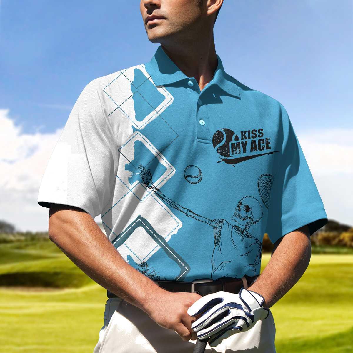 Tennis Men Polo Shirt, Argyle Pattern Skeleton Tennis Player, Kiss My Ace Tennis Polo Shirt For Men - Best Gift For Tennis Players, Tennis Lovers - Image 4