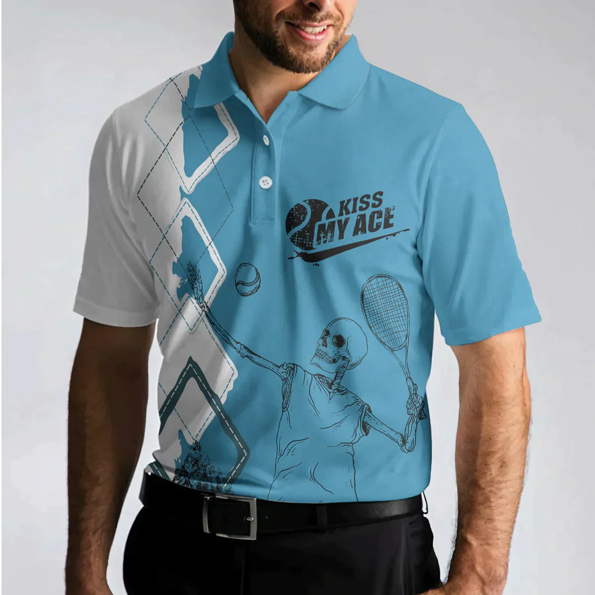 Tennis Men Polo Shirt, Argyle Pattern Skeleton Tennis Player, Kiss My Ace Tennis Polo Shirt For Men - Best Gift For Tennis Players, Tennis Lovers - Image 5