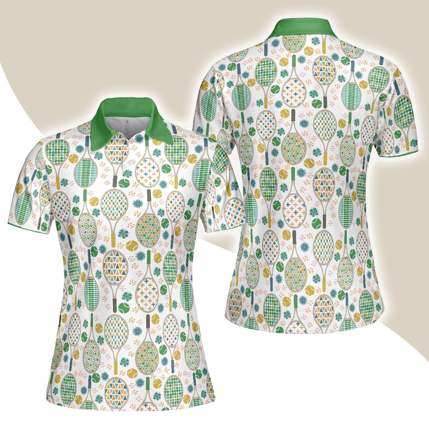 Tennis Women Polo Shirt, Green And Golden Tennis Pattern Women Polo Shirts, Unique Gift For Female Tennis Players, Ladies, Tennis Lovers