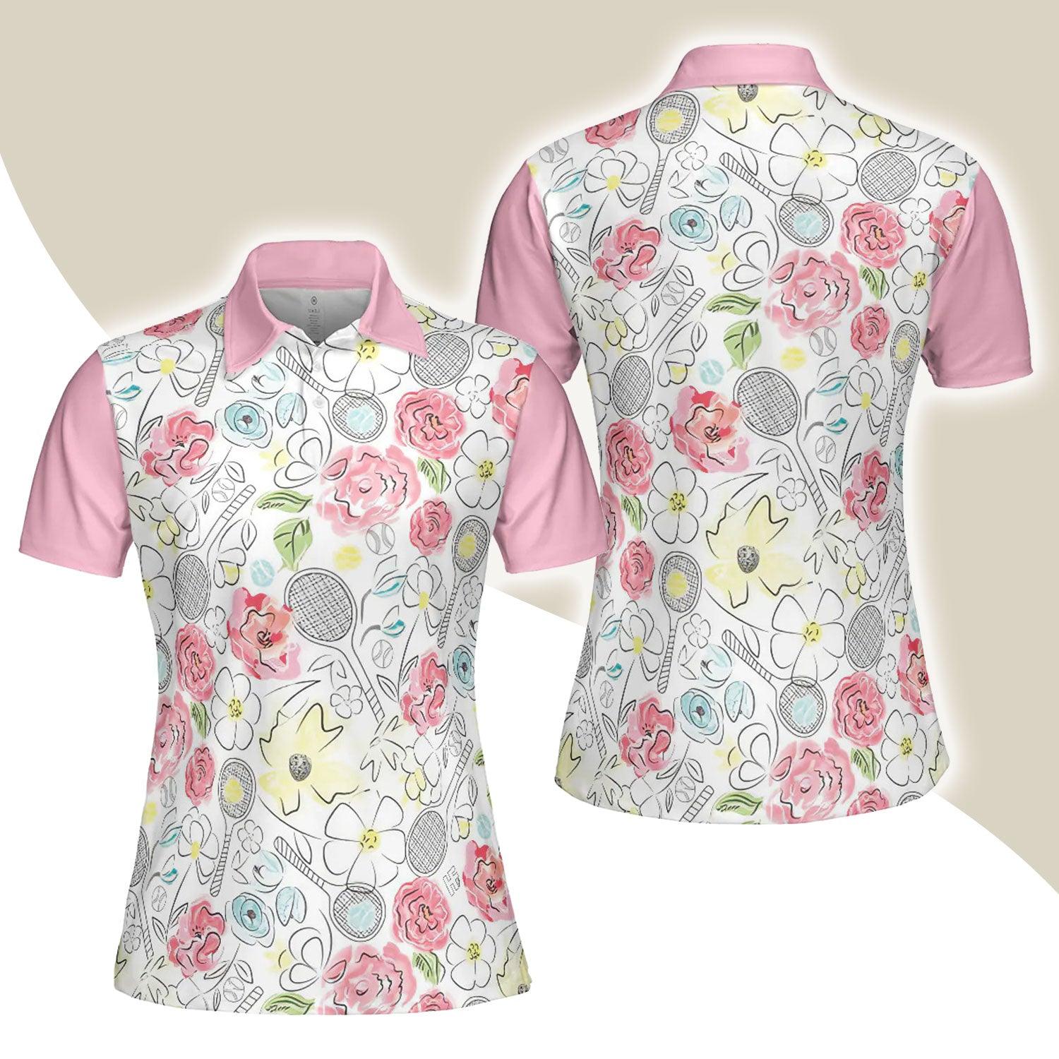 Tennis Women Polo Shirt - Lovely Pink Floral Tennis Racket Pattern Women Polo Shirts - Best Gift For Ladies, Female, Girls, Tennis Lovers