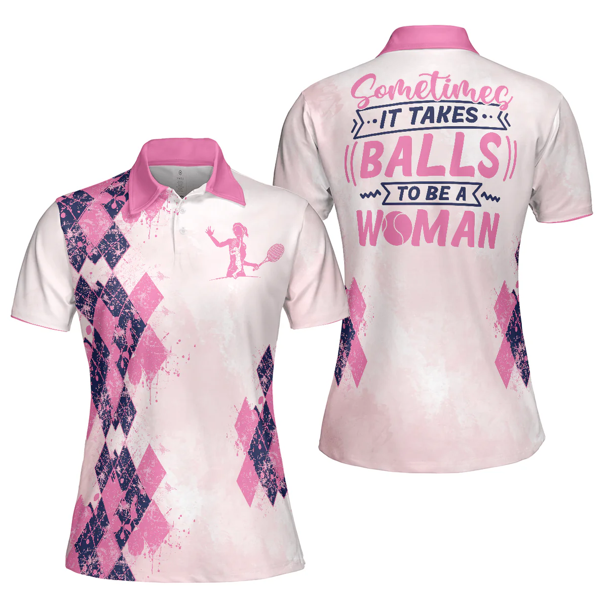 Tennis Women Polo Shirt, Sometimes It Takes Balls To Be A Women Polo Shirt, Pink Argyle Pattern Tennis Shirt - Perfect Gift For Women, Ladies, Tennis Lovers - Image 2