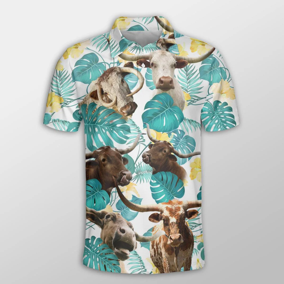 Texas Longhorn Men Polo Shirt For Summer - Texas Longhorn In Tropical Leaves Pattern Button Shirt For Men - Perfect Gift For Texas Longhorn Lovers