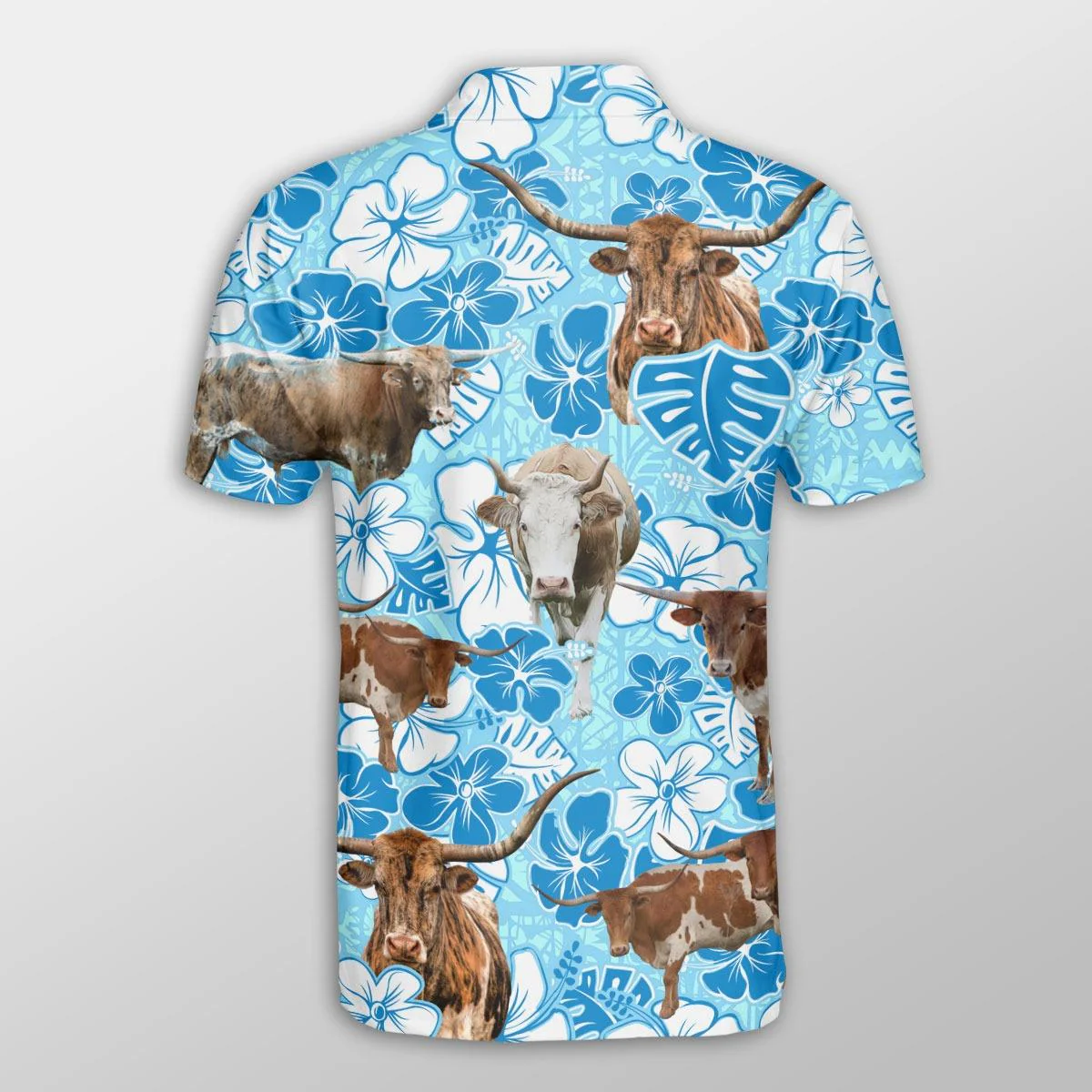 Texas Longhorn Men Polo Shirts - Texas Longhorn Blue Floral Pattern Button Shirts For Men - Perfect Gift For Texas Longhorn Lovers, Cattle Lovers - Image 2
