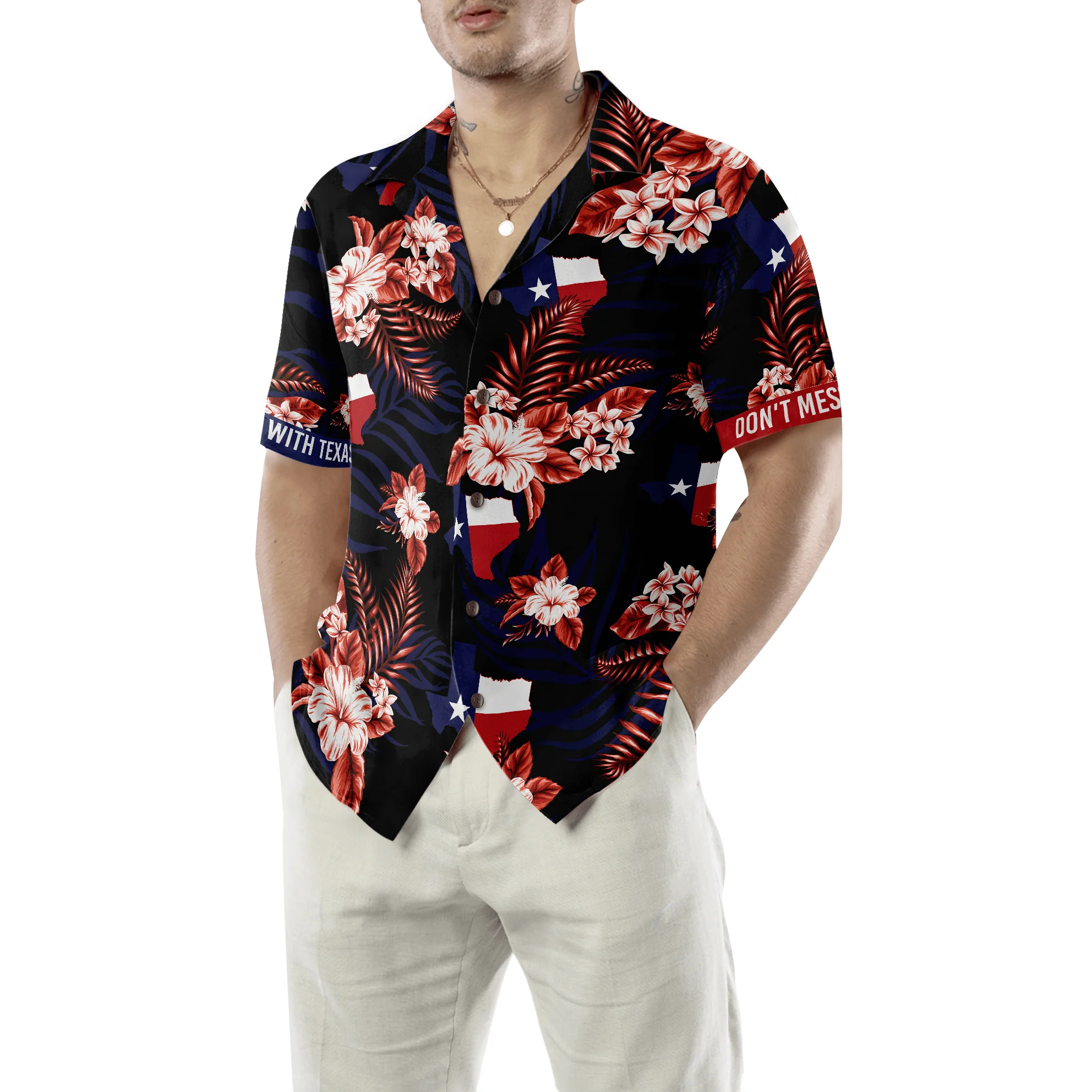 Texas State Flag Hawaiian Shirt, Texas State Flag Tropical Black Version Hawaiian Shirt, Bluebonnet Don't Mess with Texas Aloha Shirt - Gift For Men Women - Image 6