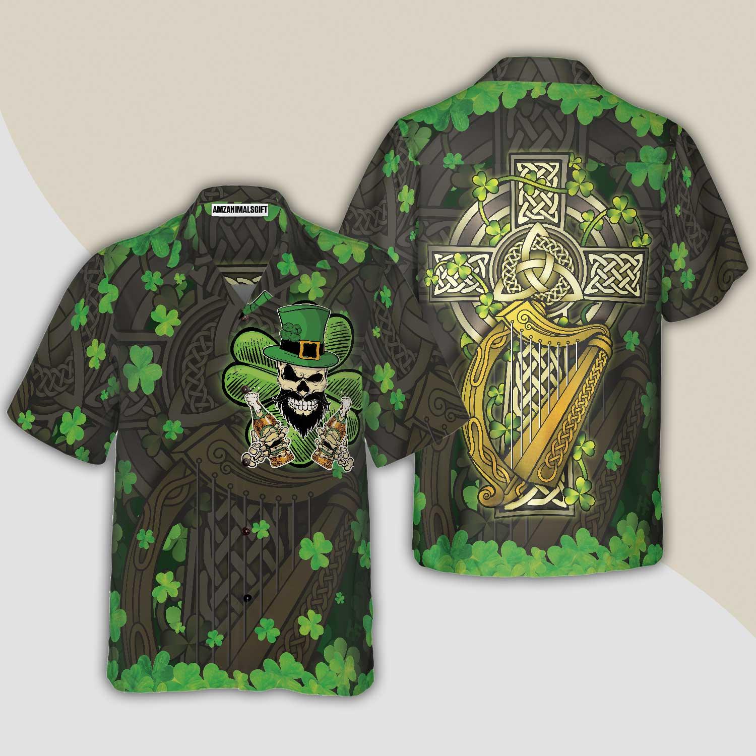 The Celtic Cross Harp Irish Skull Leprechaun Hawaiian Shirt, Colorful Summer Aloha Shirt For Men Women, Gift For Husband, Wife, Friend, Family