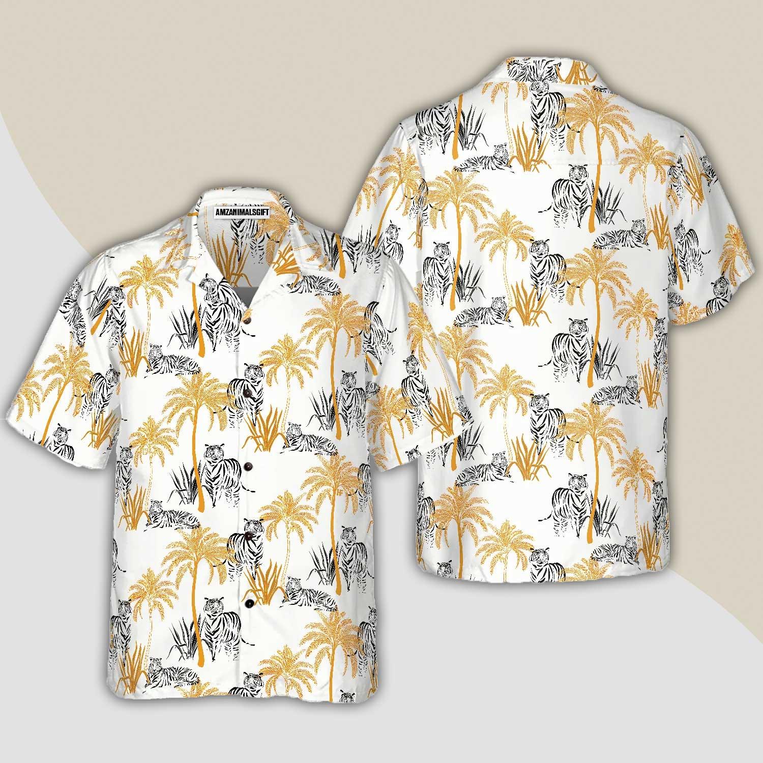 Tigers Hawaiian Shirt, Tropical Palm Tree Aloha Shirt For Men - Perfect Gift For Tiger Lovers, Husband, Boyfriend, Friend, Family