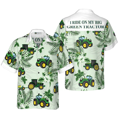 Tractor Hawaiian Shirt, Cool Green Tractor, White Tropical Floral Aloha Shirt For Men - Perfect Gift Men, Friend, Husband, Boyfriend, Family - Image 2
