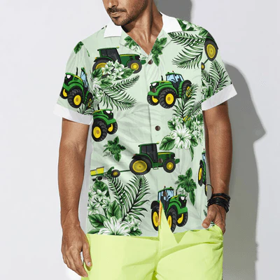 Tractor Hawaiian Shirt, Cool Green Tractor, White Tropical Floral Aloha Shirt For Men - Perfect Gift Men, Friend, Husband, Boyfriend, Family - Image 5
